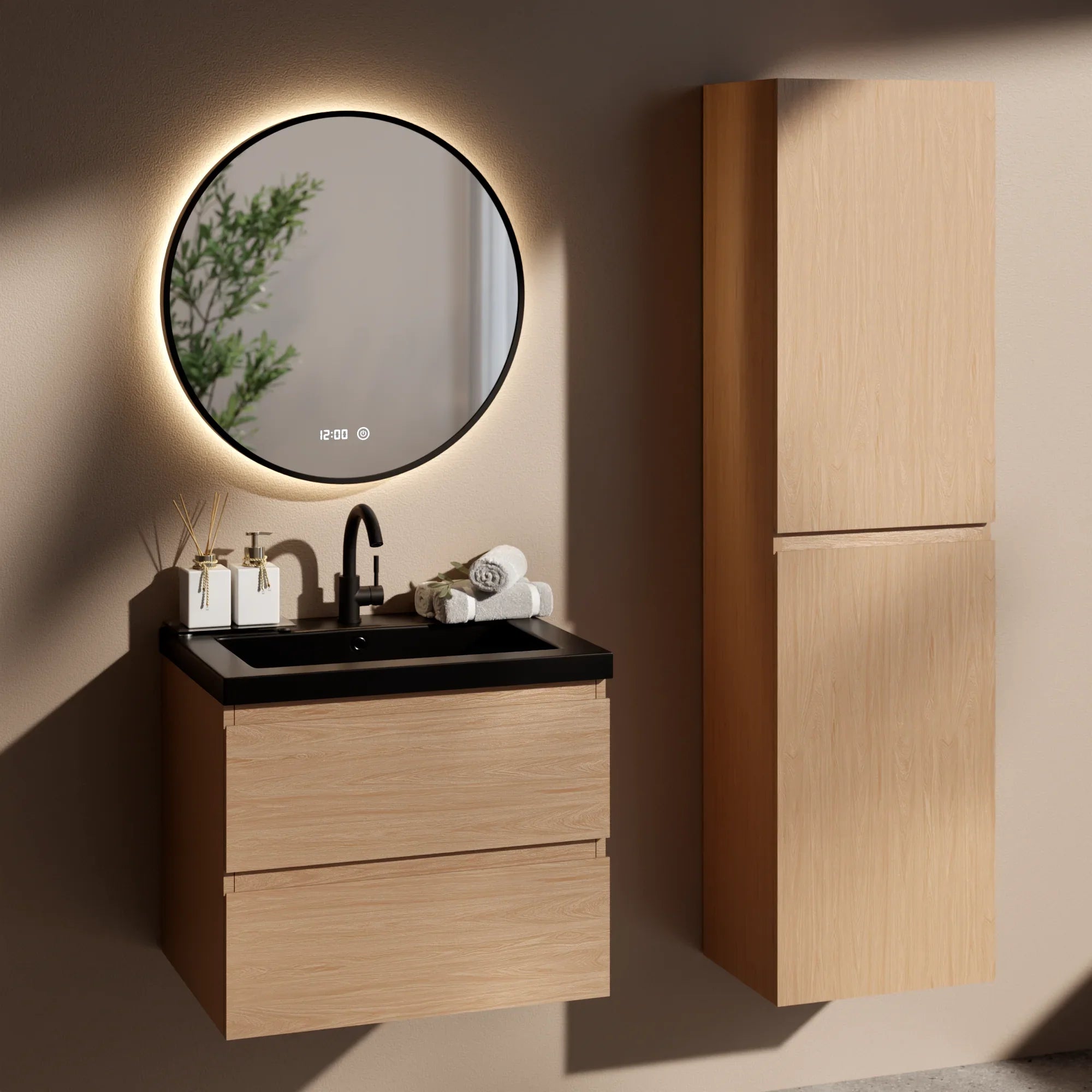 Badkamermeubelset Monaco - 60cm - Licht Eiken - Wastafel Zwart