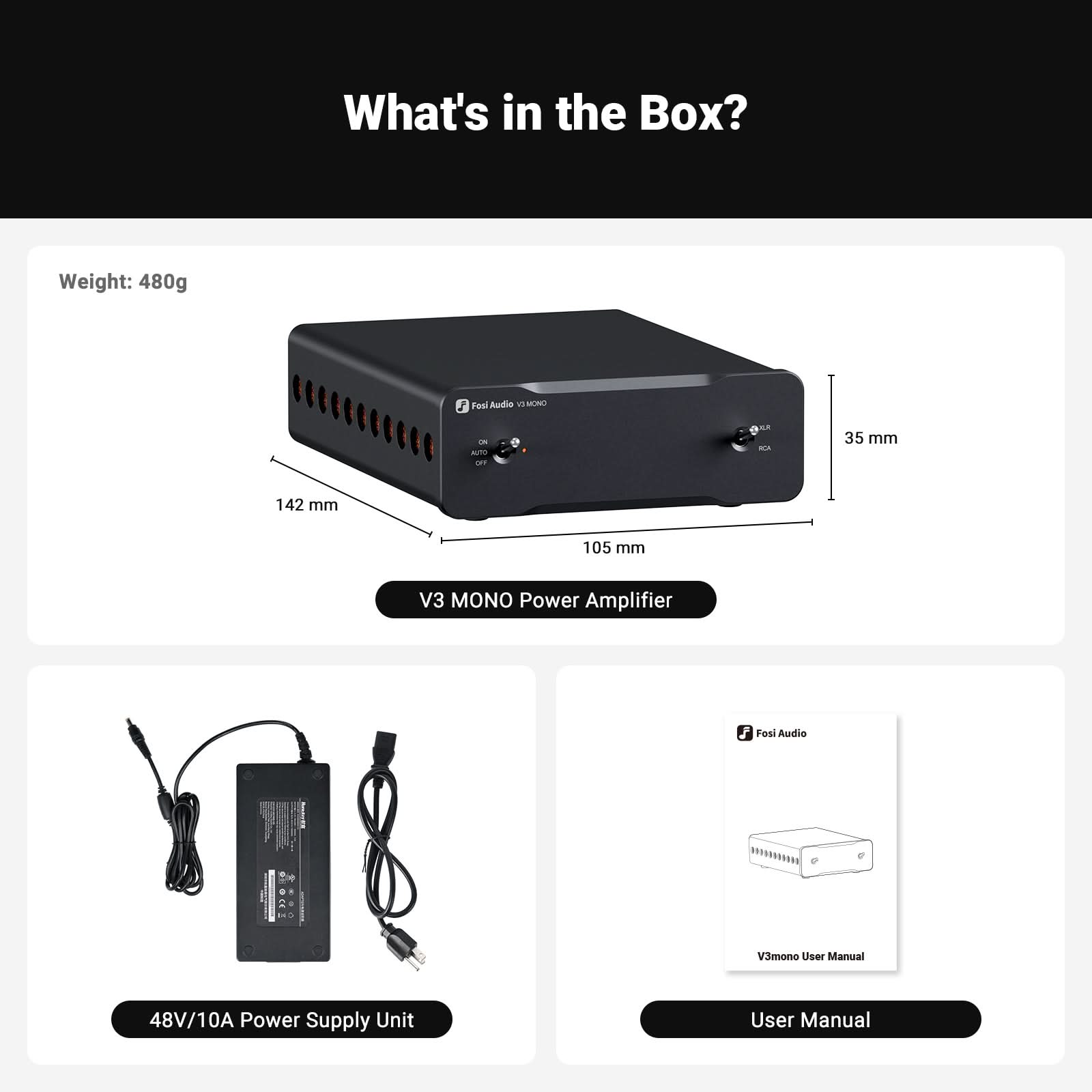 Fosi Audio V3 Mono Monoblock Power Amplifier - V3 MONO*1+48V/10A PSU*1