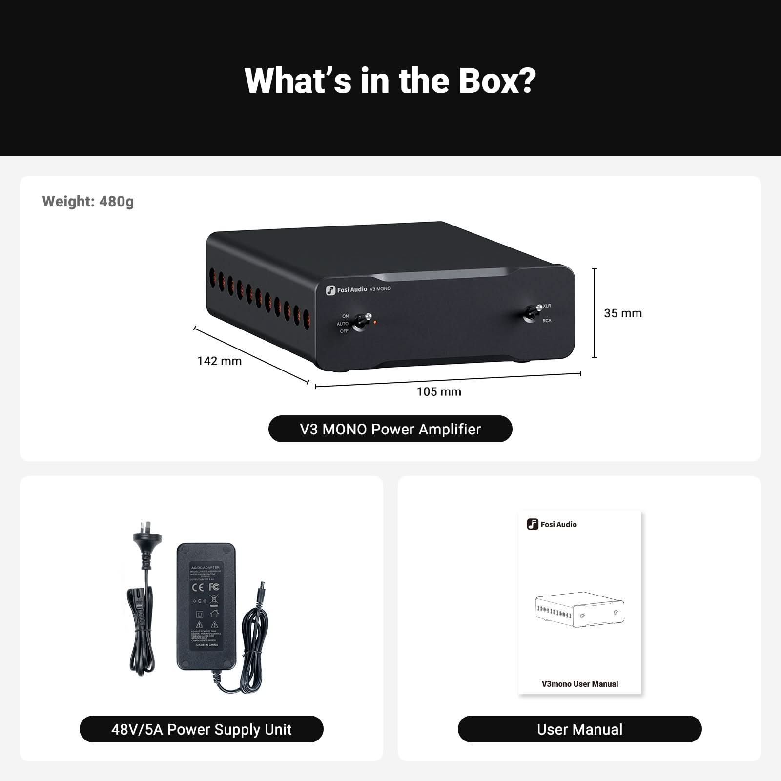 Fosi Audio V3 Mono Monoblock Power Amplifier - V3 MONO*1+48V/5A PSU*1