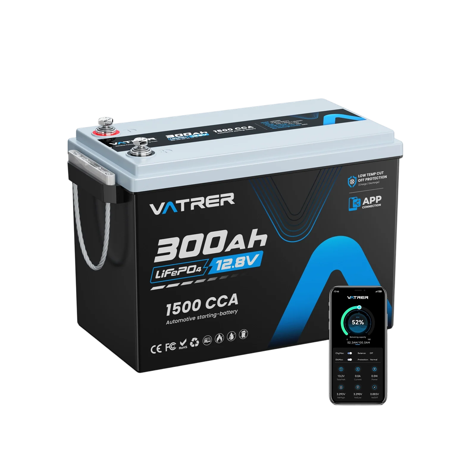 Vatrer 12V 300Ah Bluetooth Deep Cycle Lithium Battery 200A BMS - 4 PACK