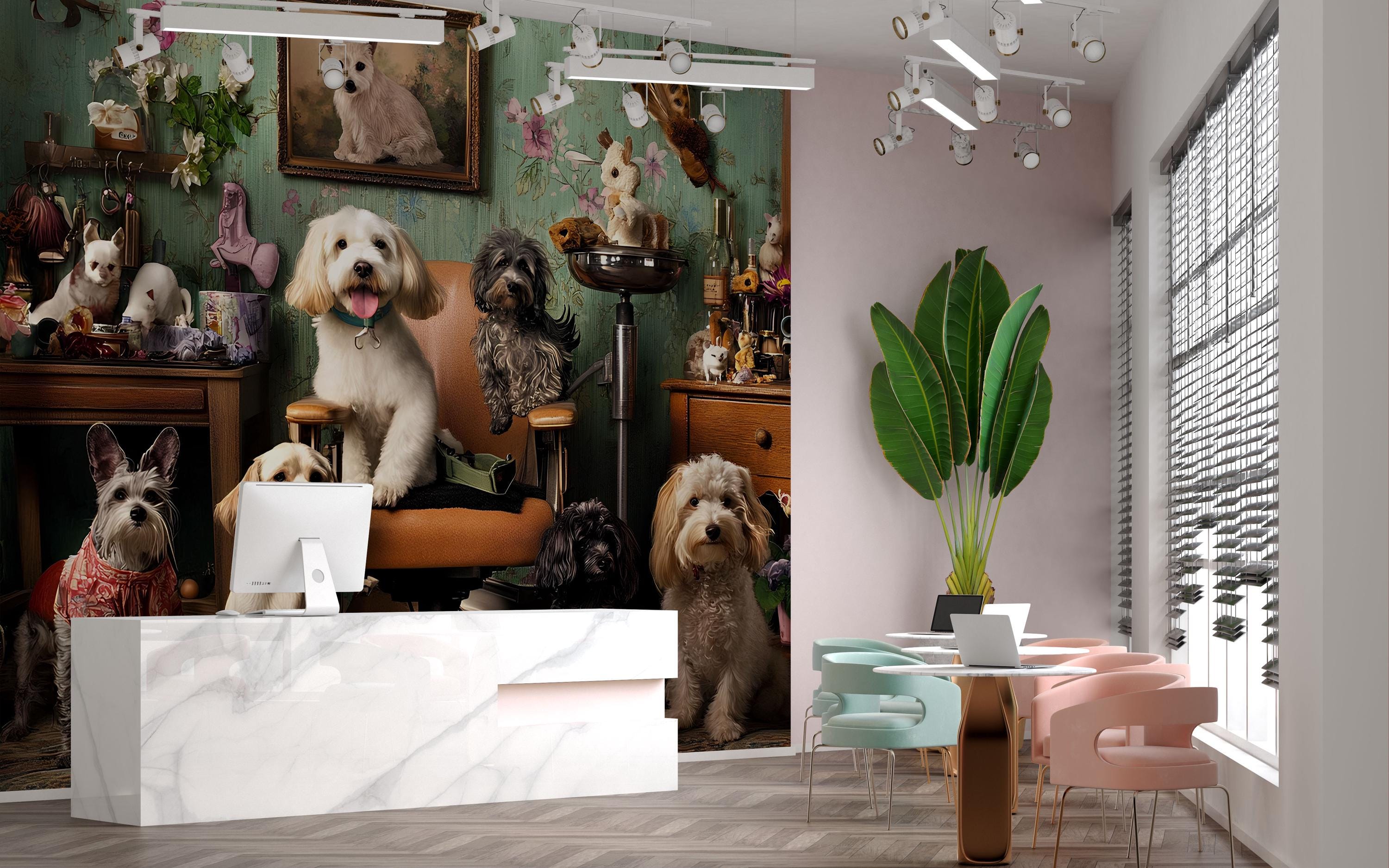 Whimsical Dog Grooming Wall Mural – Cute Dogs Salon Scene, Pet Lover Wallpaper Art Vn678 - 40x60 inches / Non-Woven