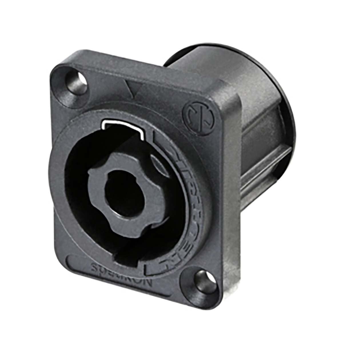 Neutrik 4 pole chassis connector, black D-size flange, countersunk thru holes, 3/16" flat tabs.