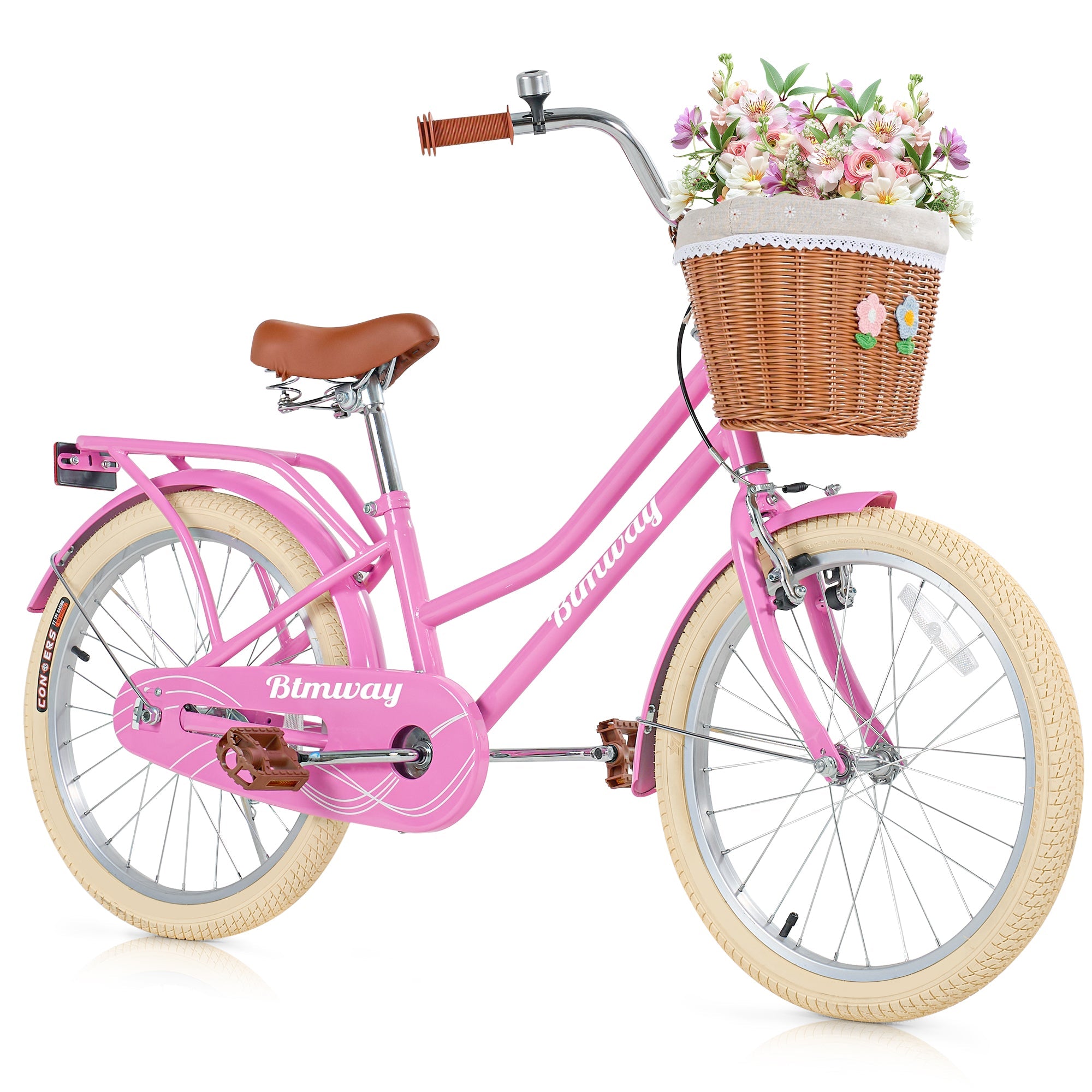 iYofe Girls Bike 20inch with Basket and Backseat, Kids Bicycle for 7-10 Years Old, Single Speed - 新粉色