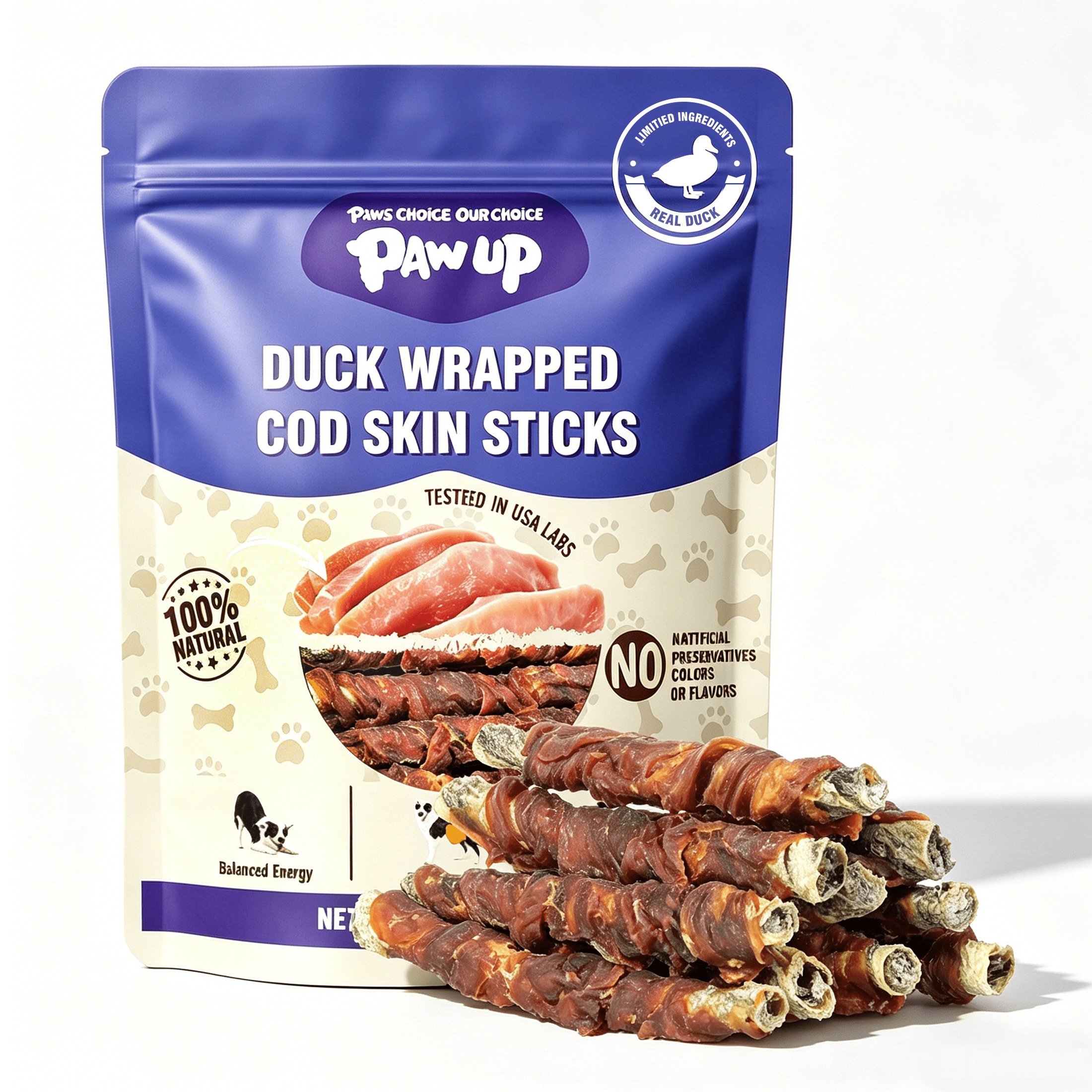 PAWUP Duck Wrapped Cod Dog Treats, Rawhide Free Dog Chews Long Lasting, Omega-3 Rich Dog Treats for Small Medium Large Dogs, 10.6oz
