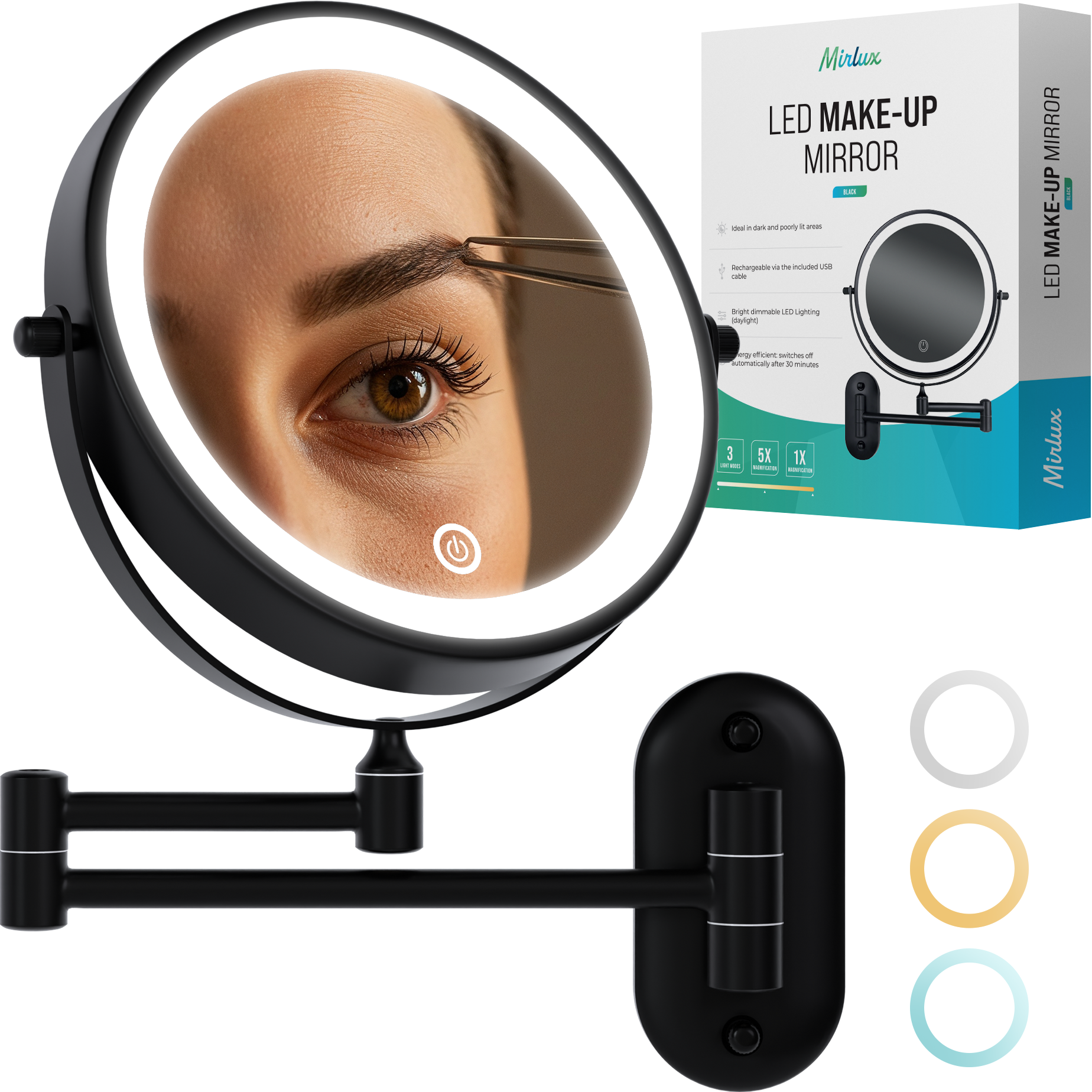 Make-Up Spiegel - Oplaadbaar - Zwart - 1-5x Vergroting