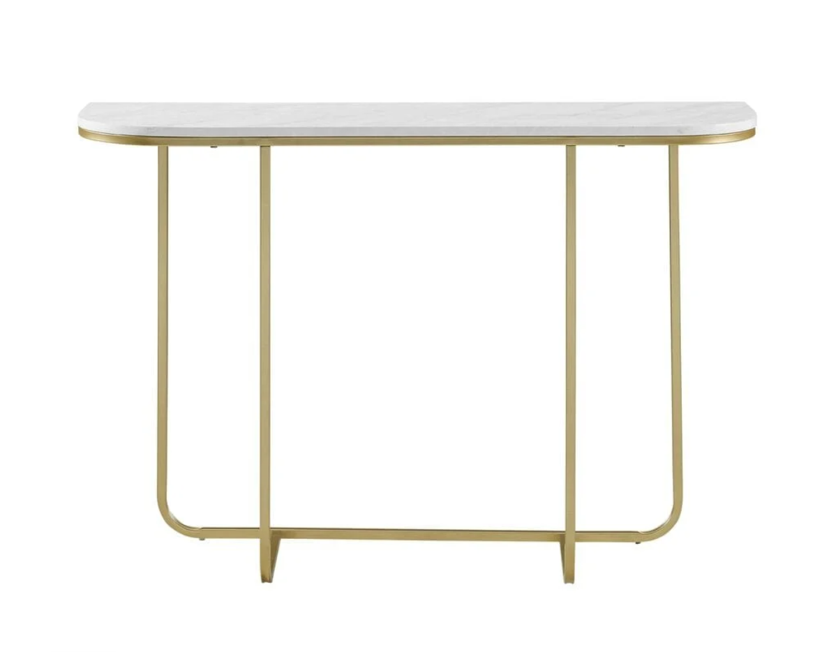 44 Inch Modern Curved Entry Table - White Faux Marble/Gold