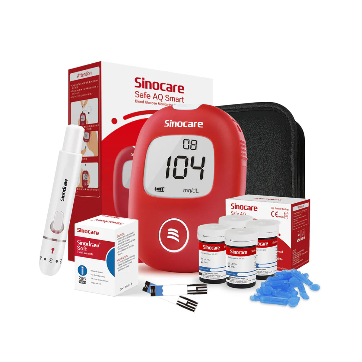 Sinocare Safe AQ Smart Blood Sugar Monitor – Portable, No Coding, Painless Diabetic Test Kit - 1pc meter+100pcs×(strips+lancets) / mg/dL