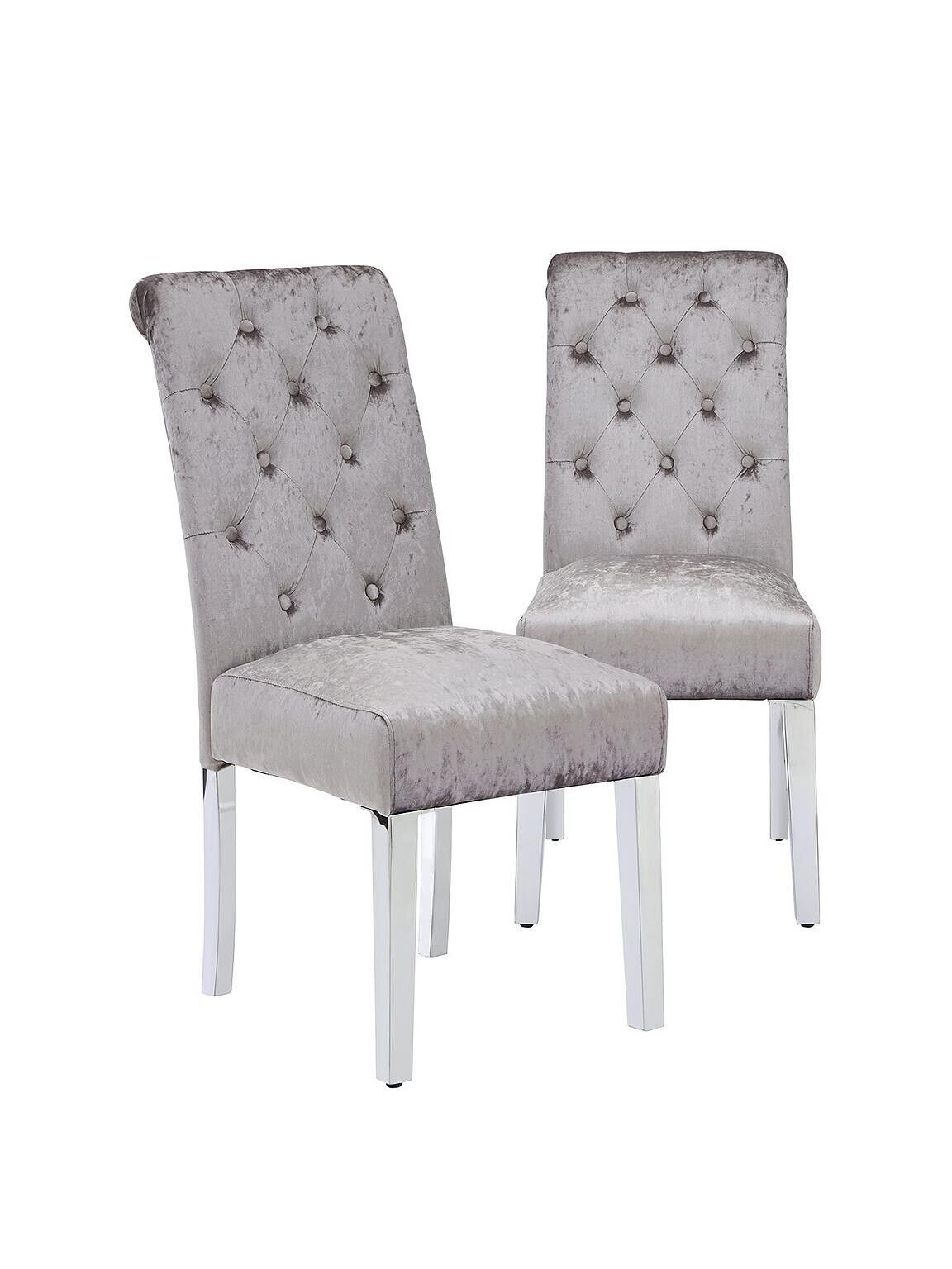 Pair of Crushed Velvet Scroll Back Dining Chairs Silver/Chrome Elegant Seating