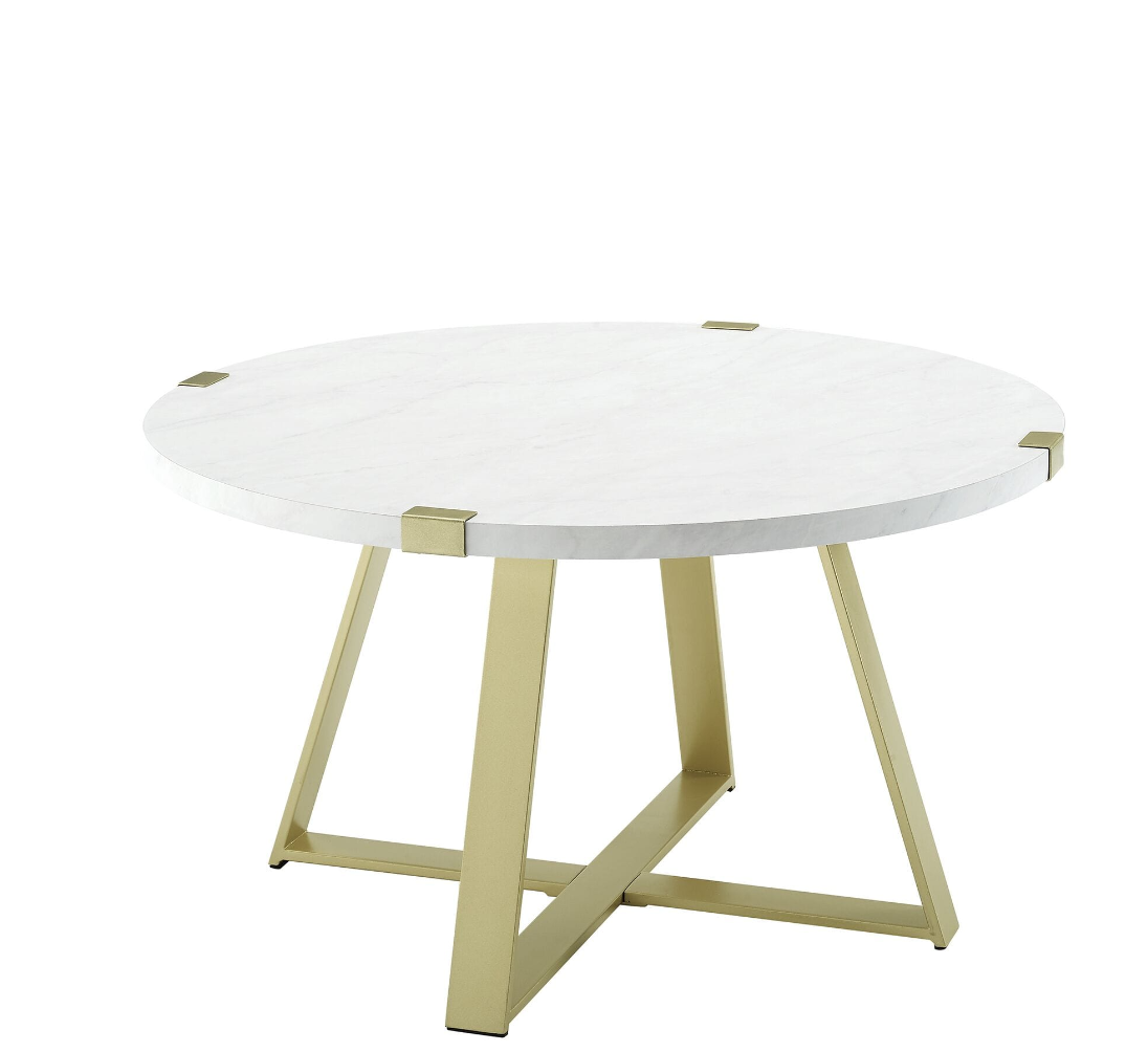 Round Coffee Table - White Faux Marble/Gold Elegant Living Room Furniture
