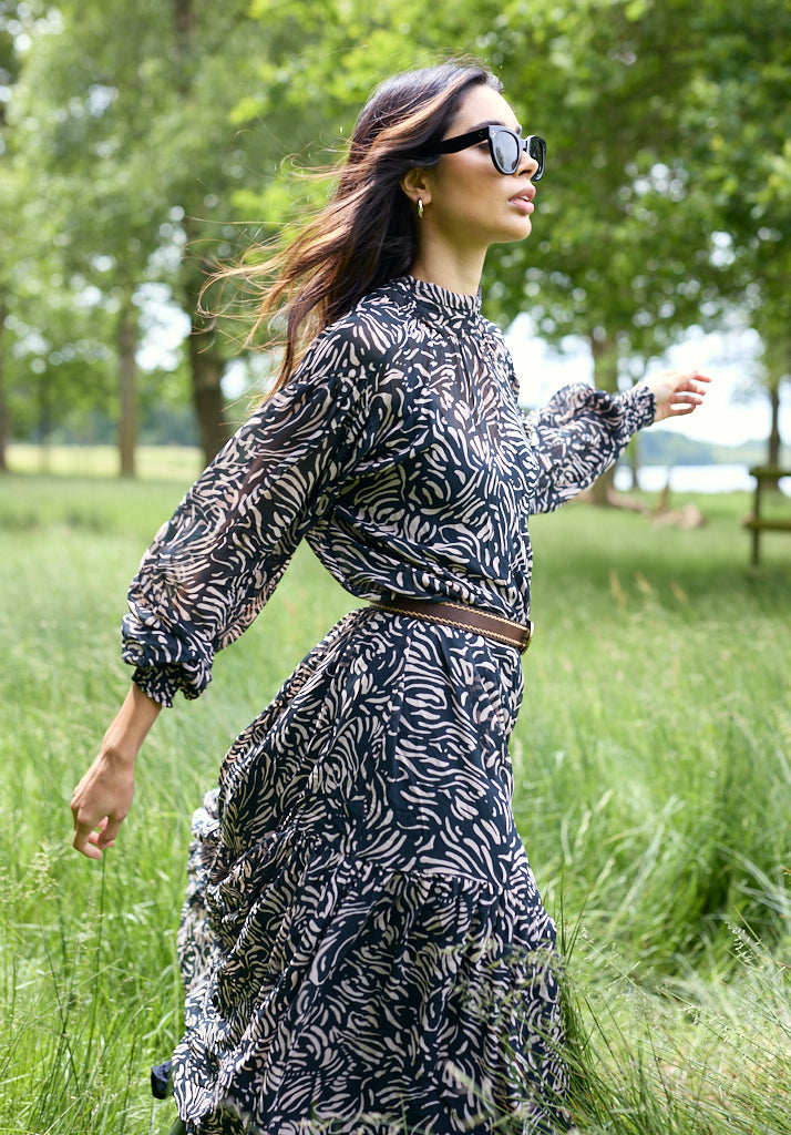 Molly High Neck Hidden Zebra Print Maxi Dress In Black - 6