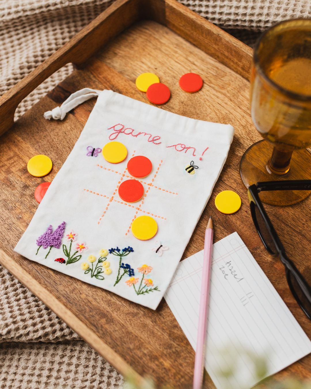 Embroidered Noughts & Crosses Drawstring Bag Craft Kit