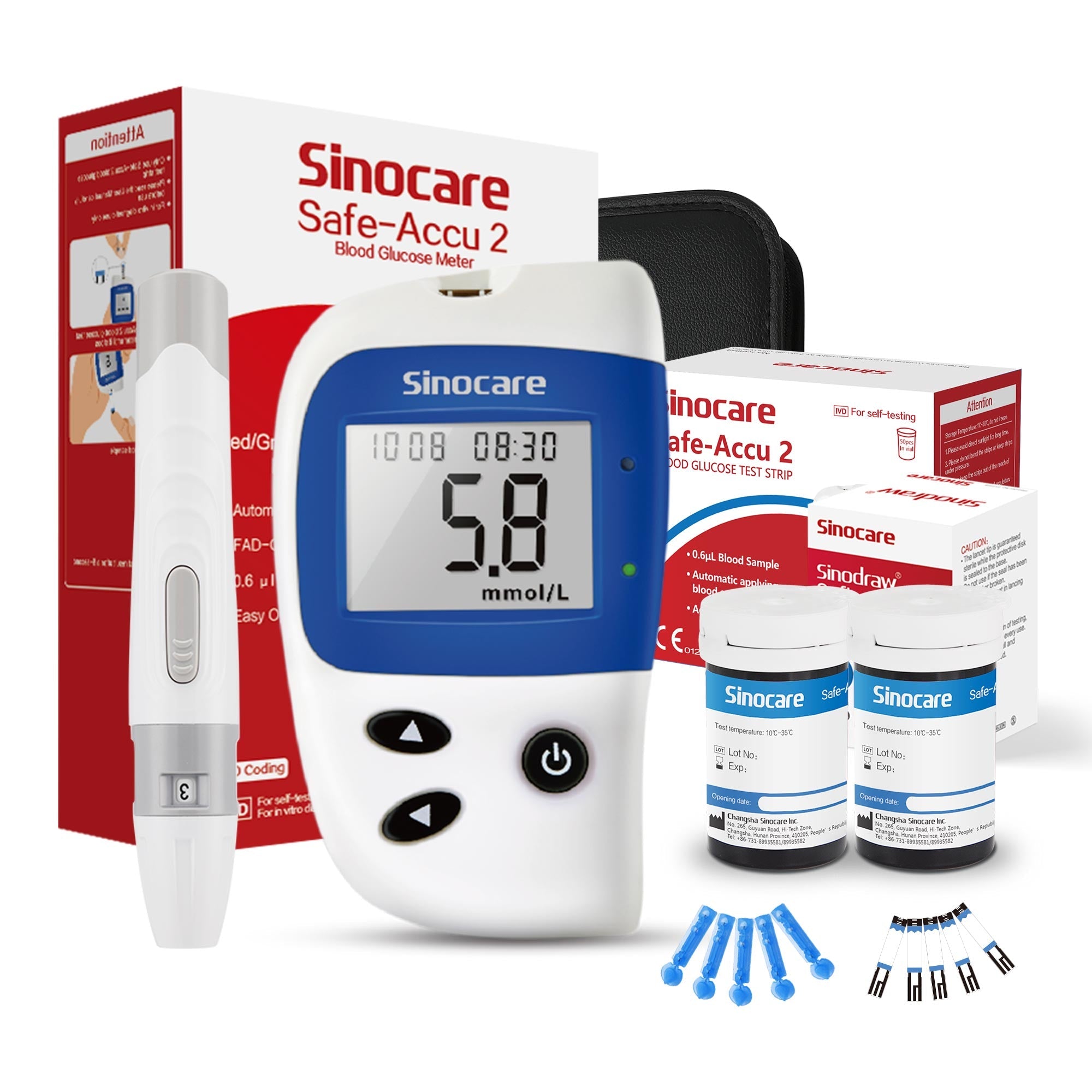 Sinocare Safe Accu 2 Blood Sugar Monitor with Advanced Technology, 200 Memory to Know Value Changes - 1pc meter+50pcs×(strips+lancets) / mg/dl