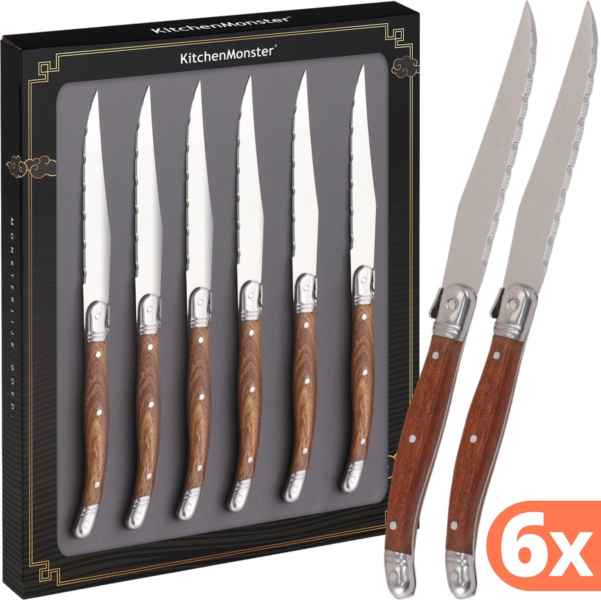 KitchenMonster® Steakmessen set van 6 - Hout