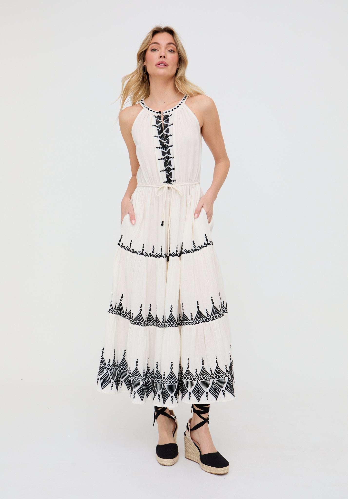 Mia Halter Neck Embroidered Maxi Dress In White - 12