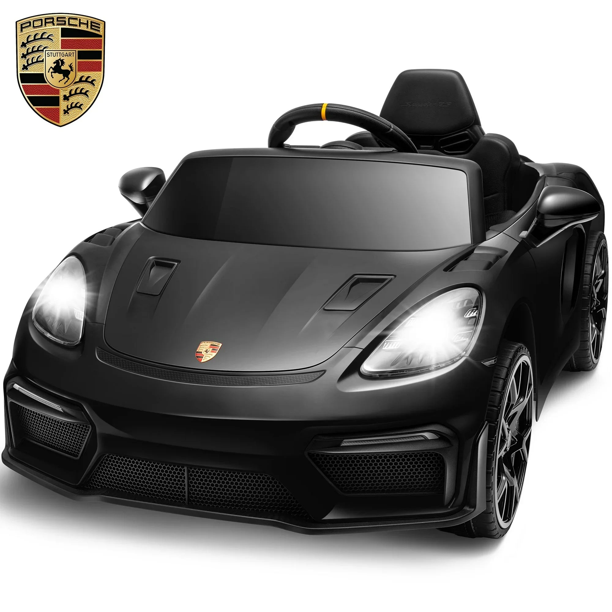 iYofe 12V Licensed Porsche Powered Ride On Car w/ Remote & Music, Ages 3+ - Black(12V)