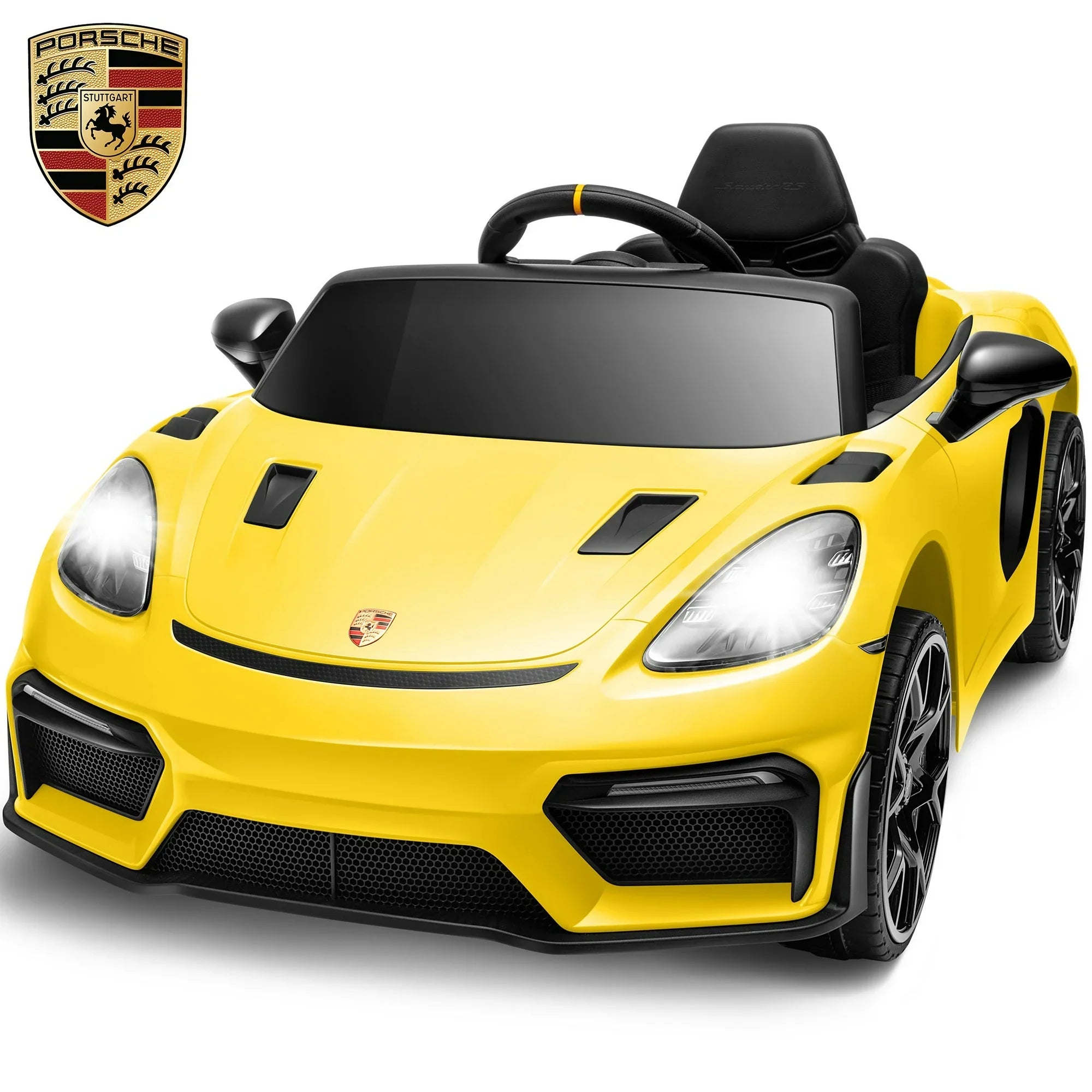 iYofe 12V Licensed Porsche Powered Ride On Car w/ Remote & Music, Ages 3+ - Yellow