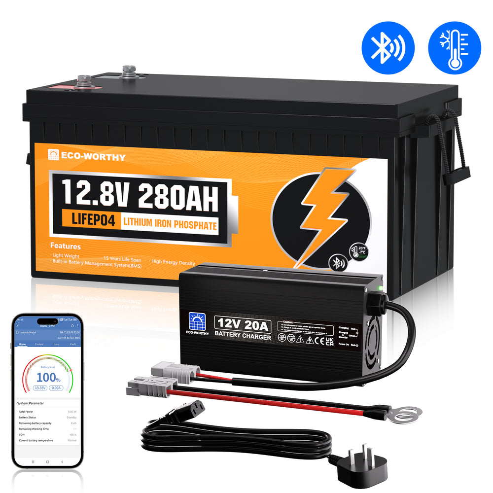 ECO WORTHY 12V 280Ah LiFePO Lithium Battery – Bluetooth Monitoring & Low-Temp Protection