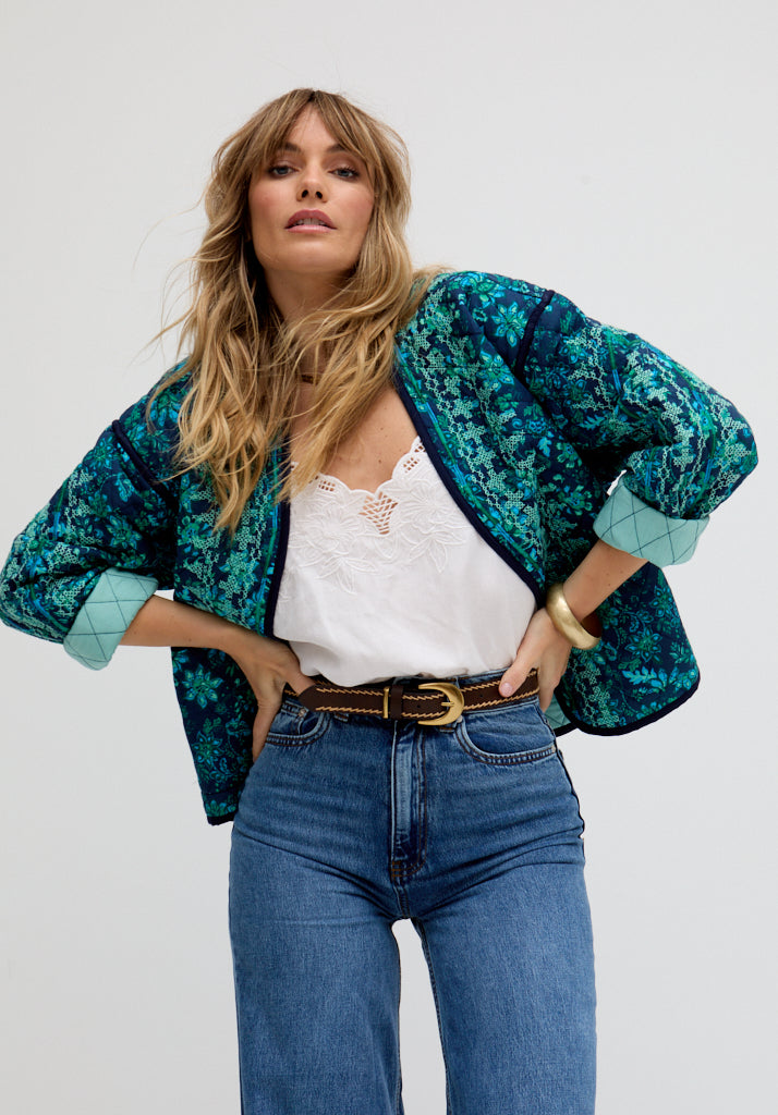 Annaia Lightly Quilted Floral Printed Jacket In Blue - S