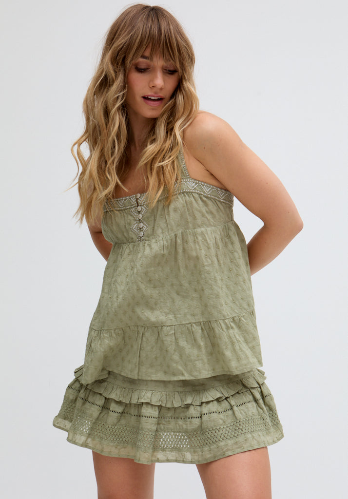 Selena Tiered Embroidered Cami In Green - 8