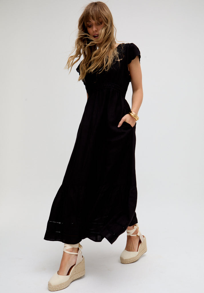 Jacinta Open Back Embroidered Maxi Dress In Black - 16