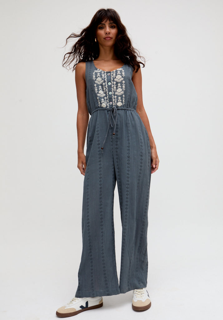 Ana Sleeveless Embroidered Jumpsuit In Grey - 14