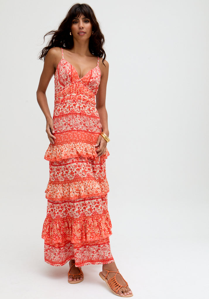 Feifei Ruffle Tiered Floral Printed Maxi Dress In Orange - 12