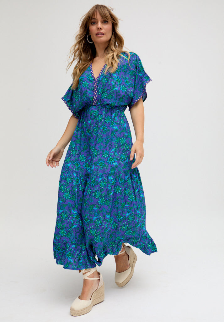 Iris Kaftan Style Floral Printed Maxi Dress In Blue - 16