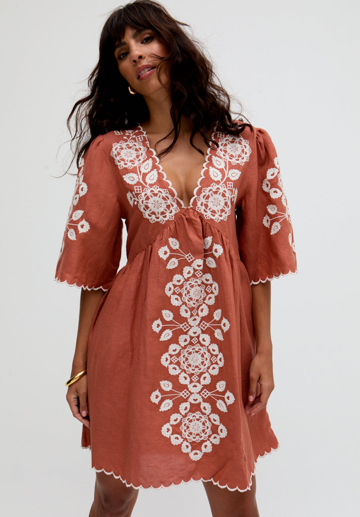 Arabella V- Neck Embroidered Mini Dress In Brown - 12