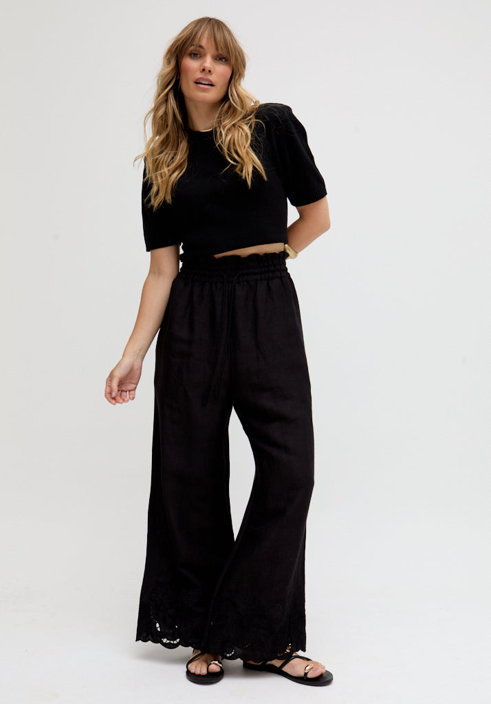 Laya Wide Leg Cutwork Trouser In Black - 8