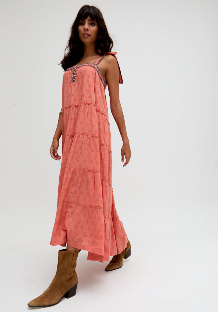 Isla Tiered Embroidered Maxi Dress In Orange - 8