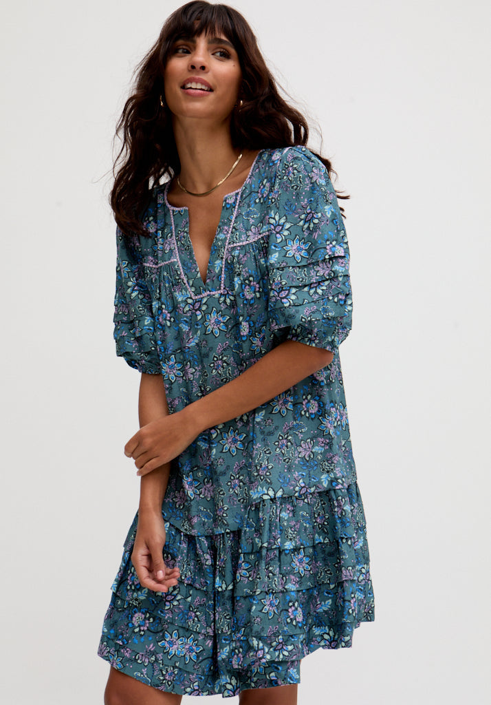 Grace Tiered Hem Floral Printed Mini Dress In Blue - S