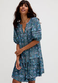 Grace Tiered Hem Floral Printed Mini Dress In Blue - M