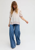 Alba Short Sleeve Embroidered Blouse In Cream - 12