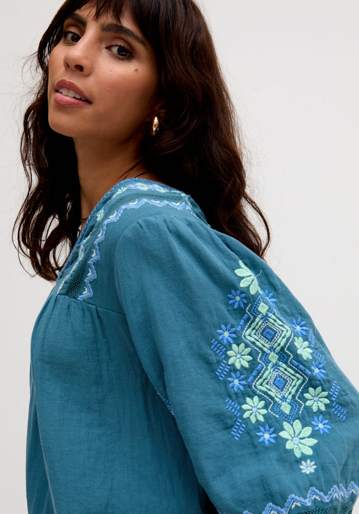 Alice V-Neck Embroidered Blouse In Blue - 10