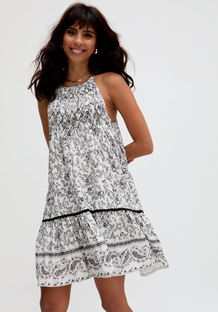 Paige Embroidered Shirring Floral Printed Mini Dress In White - M