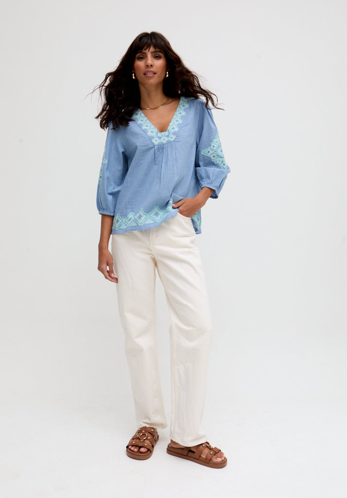 Eve V-Neck Embroidered Blouse In Blue - 10