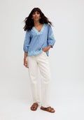 Eve V-Neck Embroidered Blouse In Blue - 16