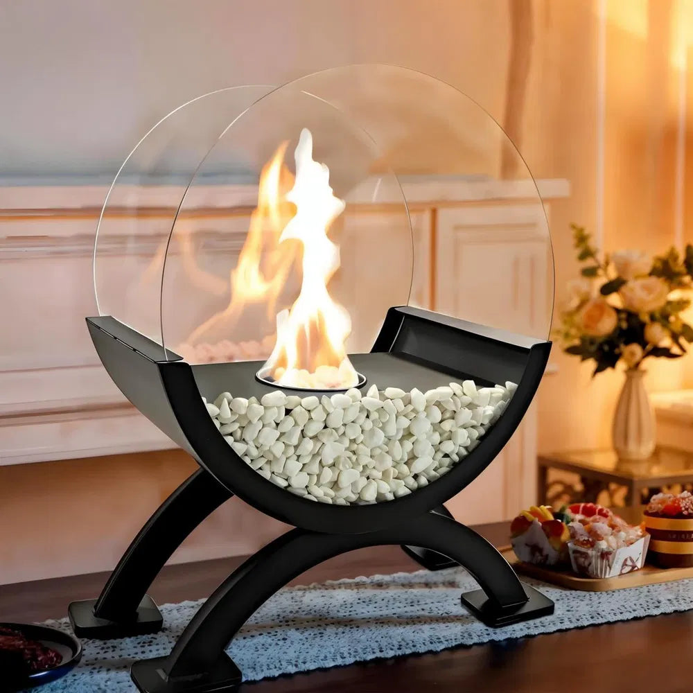 Round Glass Large Tabletop Fireplace 12.5" H Portable Fire Bowl Pot Clean Burning Fireplace For Indoor Outdoor Patio Parties Events(Black) - Black