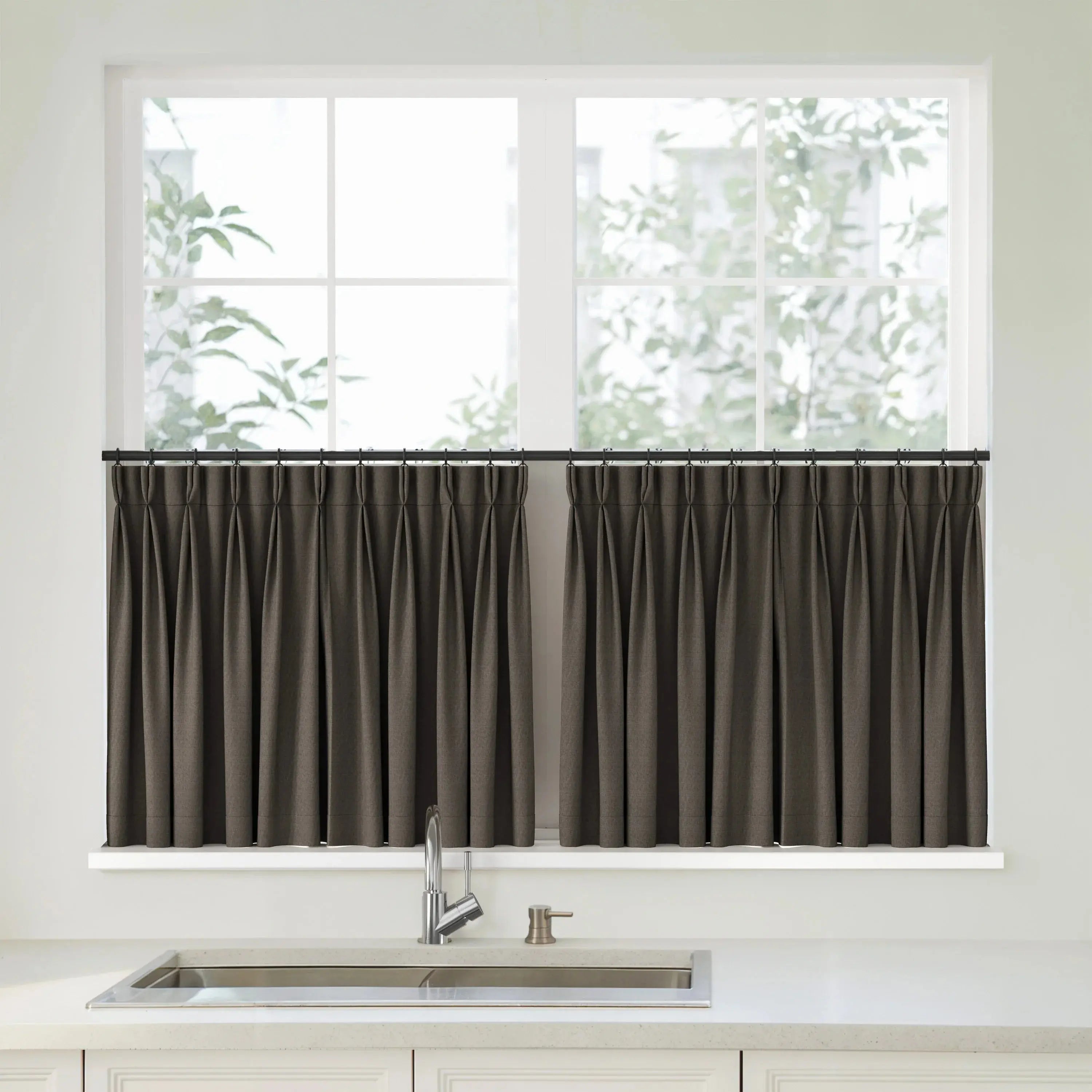 Florence Linen Pleated Cafe Curtains - Dark Brown-898-13
