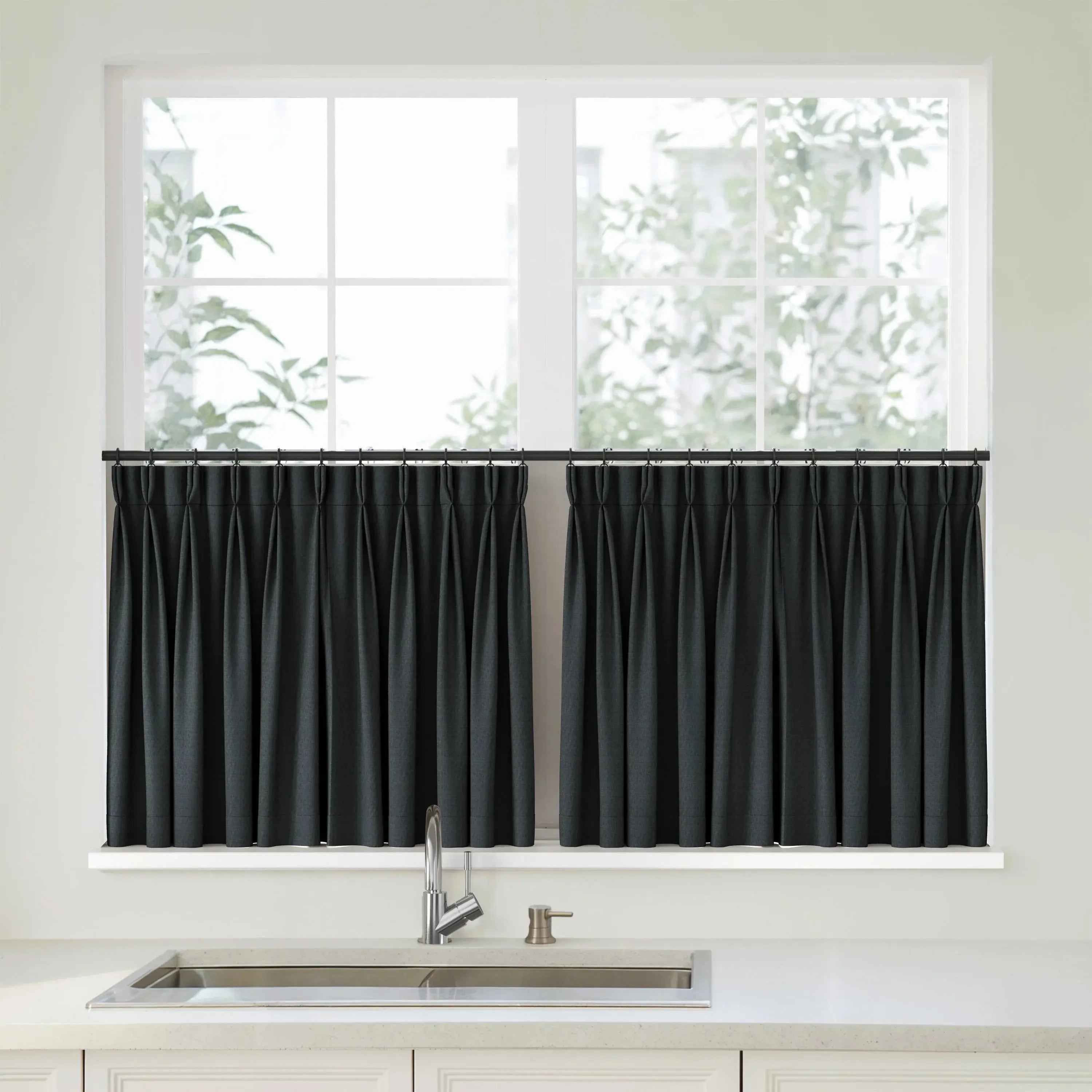 Florence Linen Pleated Cafe Curtains - Black-898-37