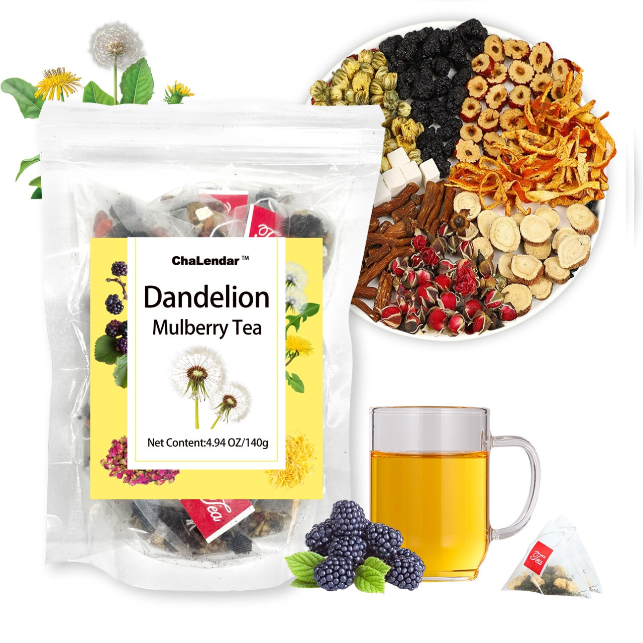 Organic Dandelion Mulberry Herbal Tea Chrysanthemum Poria & More Blend of 8 Ingredients - 1 bag ( 0.99$/serving )