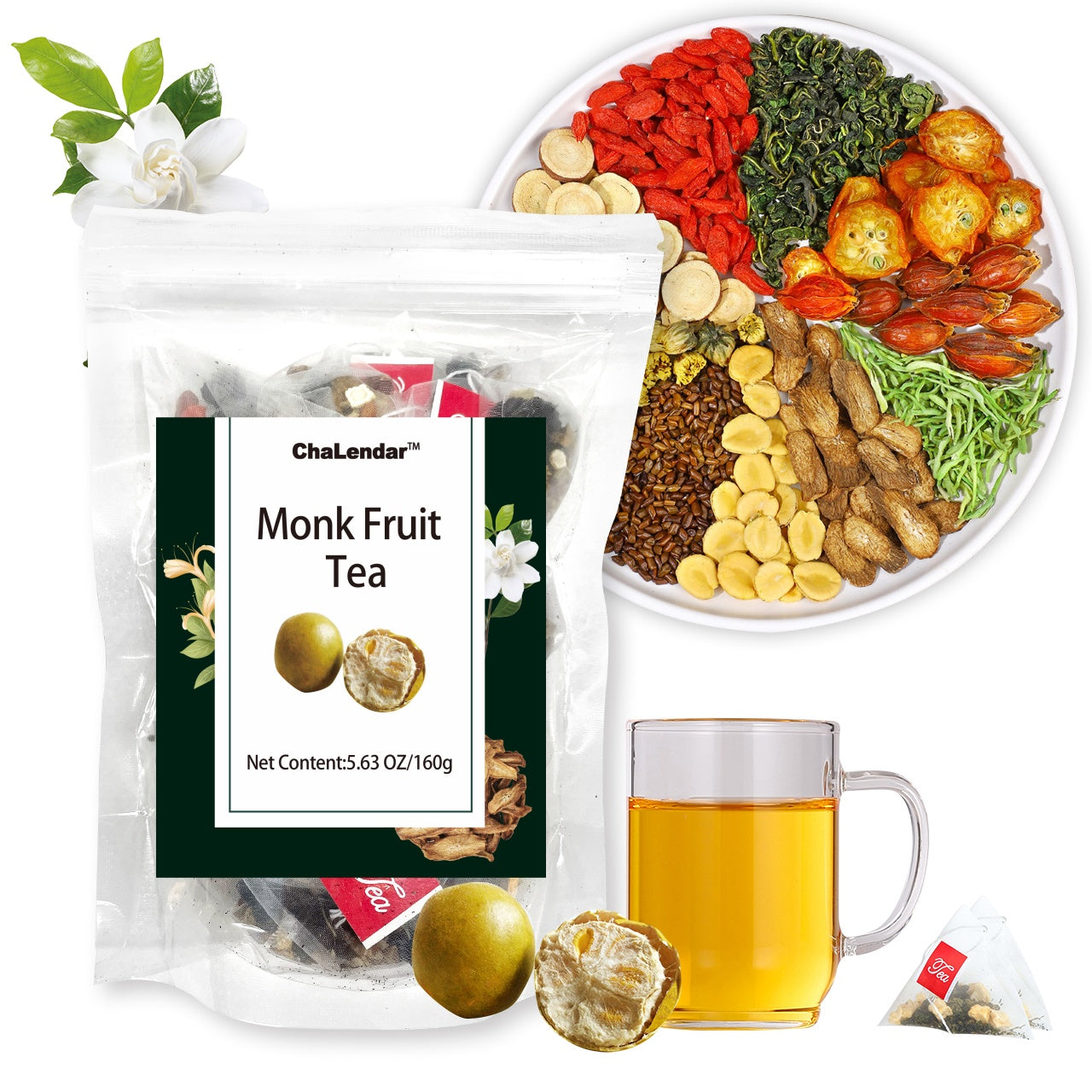 Organic Monk Fruit Herbal Tea Honeysuckle Kumquat & More Blend of 10 Ingredients - 3 bags (0.96$/serving)