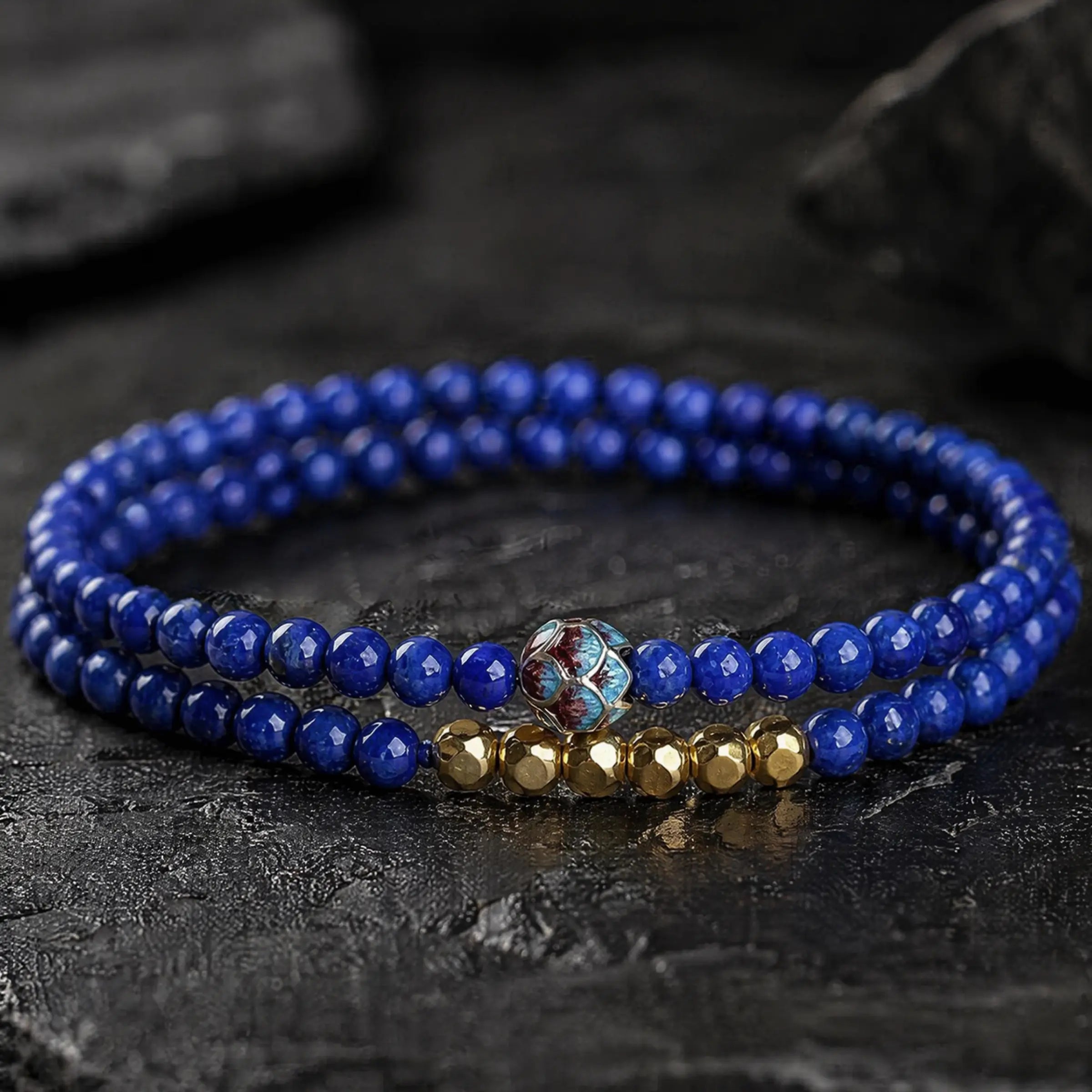 Wisdom & Expression – Lapis Lazuli Silver Blue Lotus Dual-Wrap Bracelet