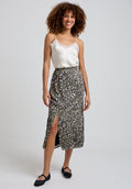 Grace Side Slit Khaki Cat Print Midi Skirt In Green - 12