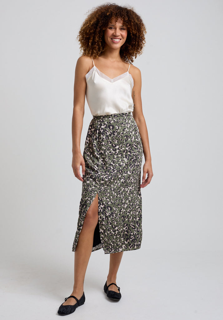 Grace Side Slit Khaki Cat Print Midi Skirt In Green - 12