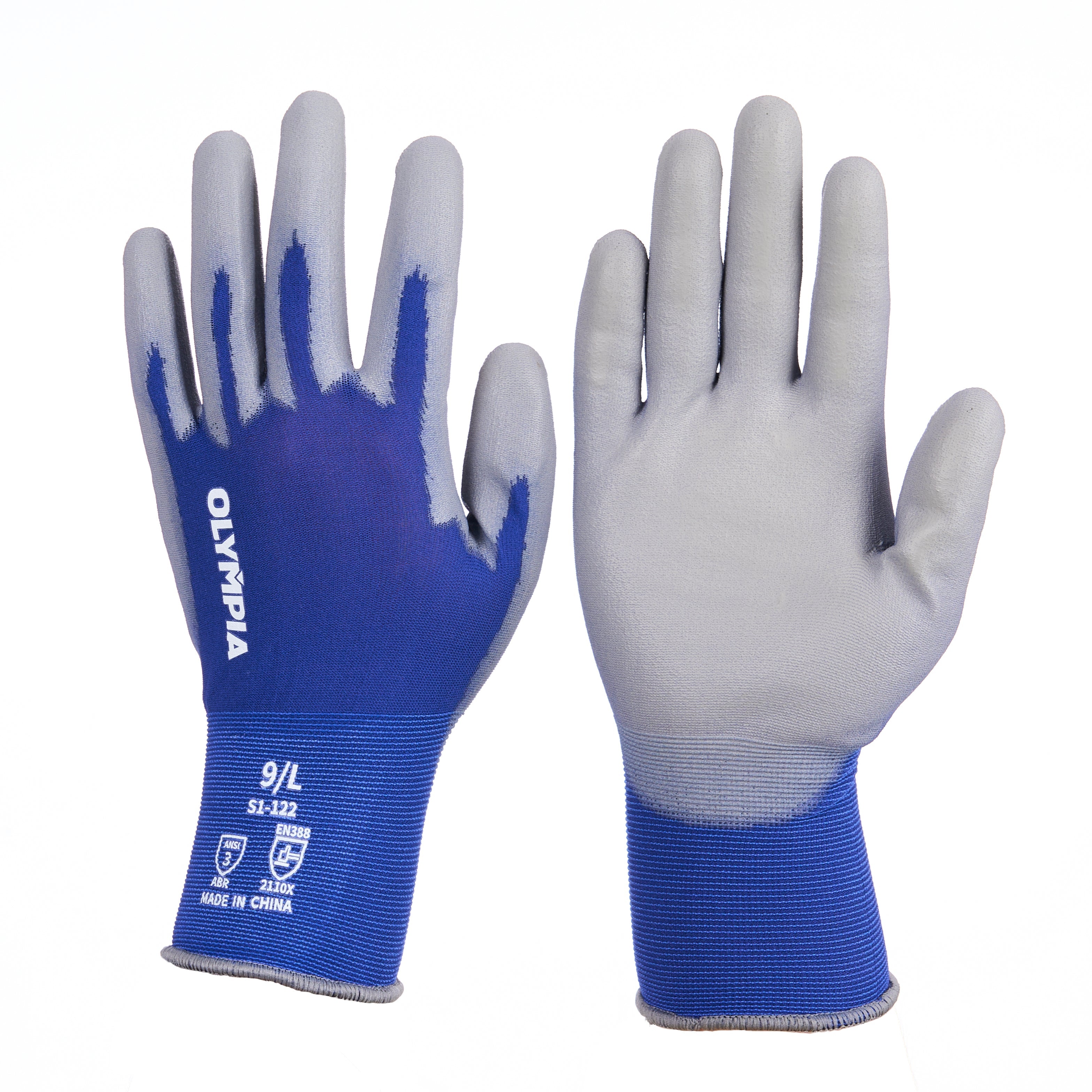 Polyurethane Dipped Knit Gloves, 18ga, L/9, Blue/Gray, 12 pairs