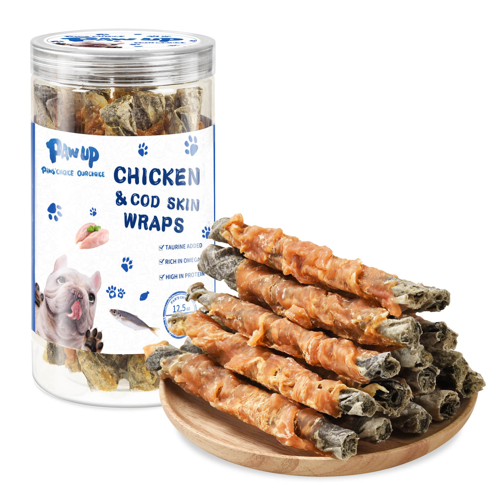 Cod Dog Treat, Chicken Wrapped Cod Skin Chew Fish Rolls, 12.5 oz