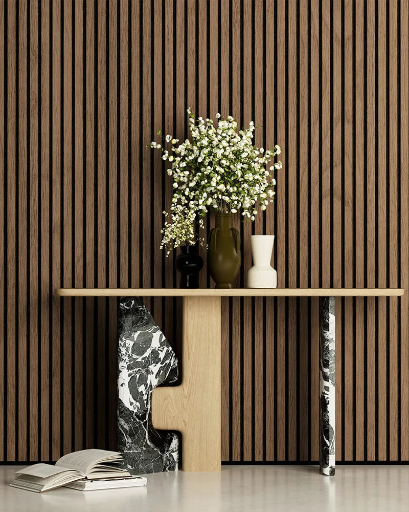 Luxury Walnut Acoustic Slat Wood Wall Panels | 3-Side Veneer – Unisoar - 94.5" x 25.2" – 2-Panel Set (94.5" x 12.6" each) / Natural real wood