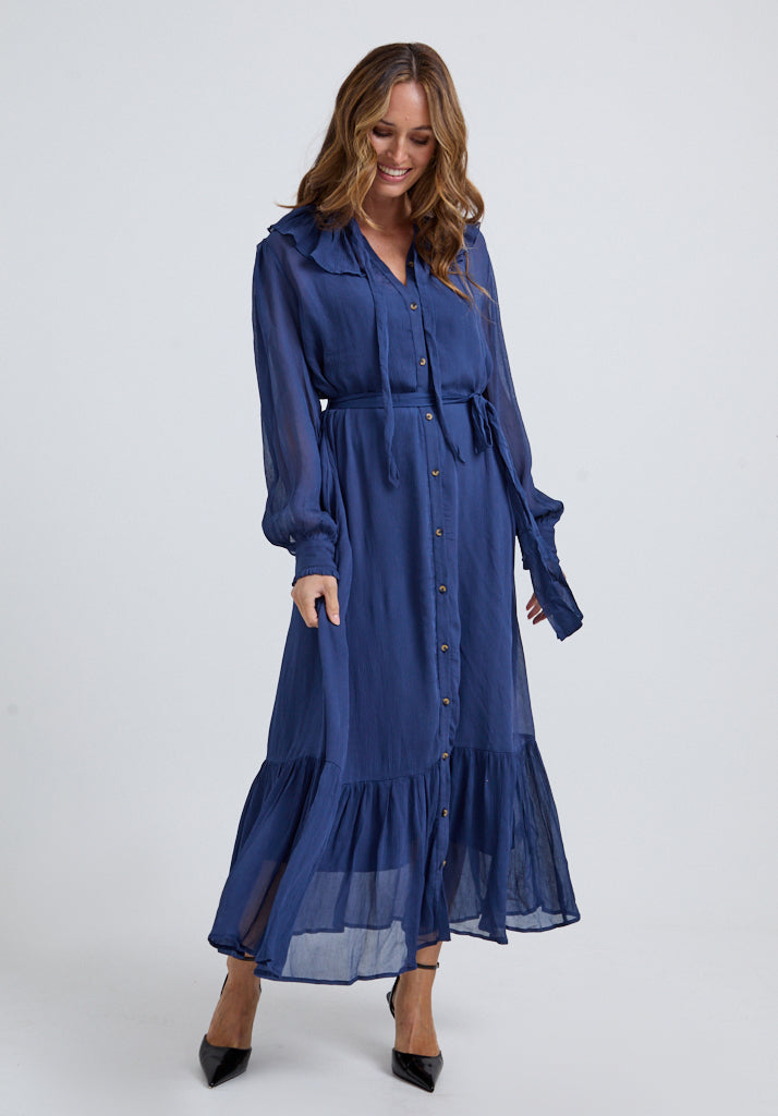 Eloise Tiered Hem Midi Dress In Blue - 10