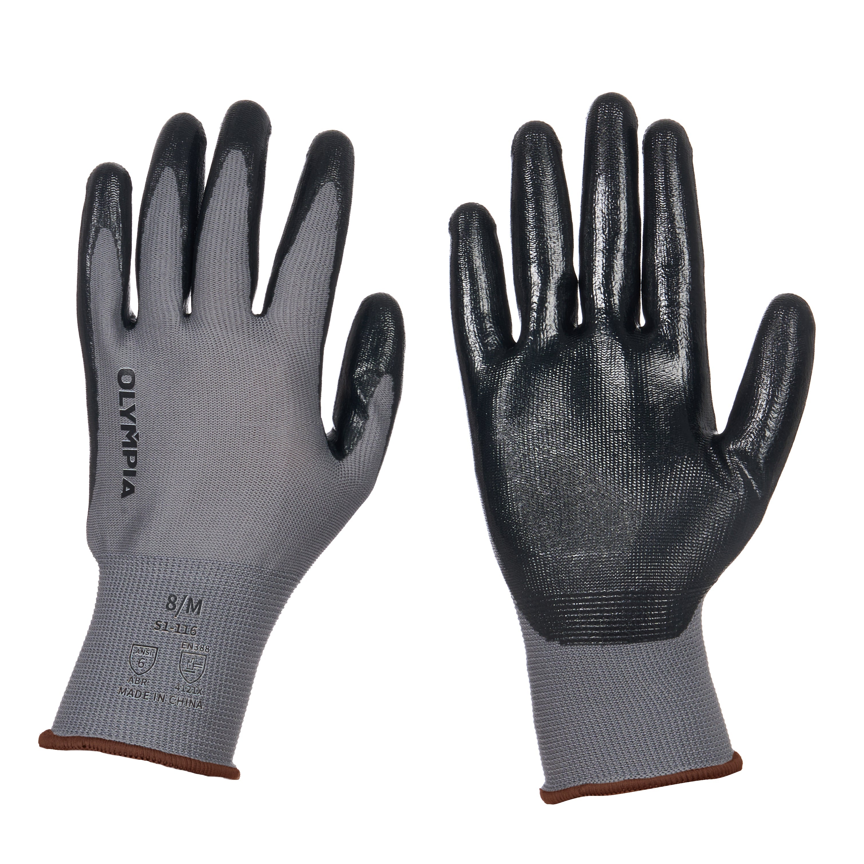 Nitrile Dipped Knit Gloves, 13ga, M/8, Gray/Black, 12 pairs